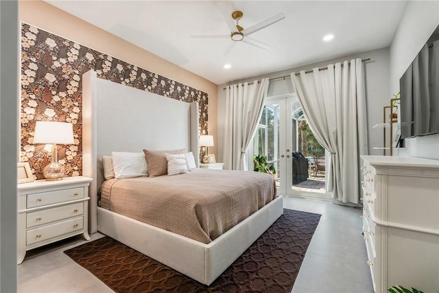 bedroom with access to exterior, recessed lighting, french doors, and ceiling fan