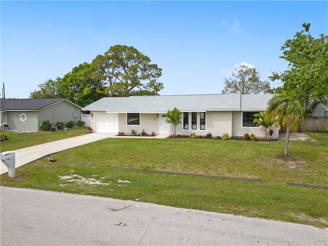 single story home with stucco siding, concrete driveway, an attached garage, a front yard, and fence