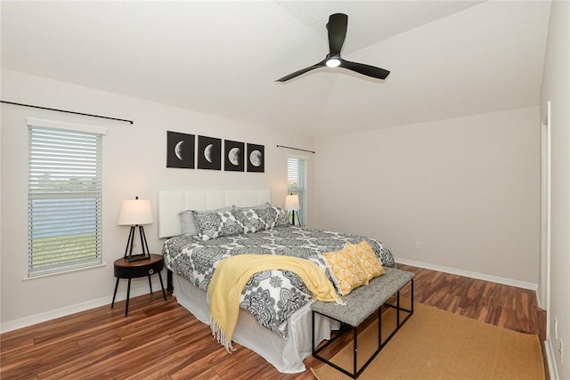 590 Valencia Cir SW, Vero Beach, FL 32968 - bedroom with vaulted ceiling, wood finished floors, baseboards, and ceiling fan