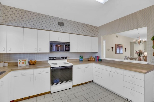 kitchen featuring white cabinetry, pendant lighting, white electric range oven, and kitchen peninsula