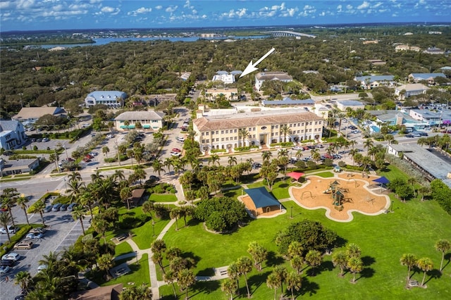 drone / aerial view with a water view