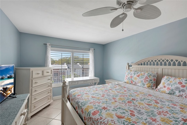 bedroom featuring light tile patterned floors and ceiling fan