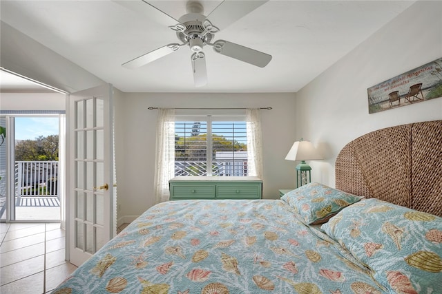 bedroom featuring ceiling fan, access to exterior, and tile patterned flooring