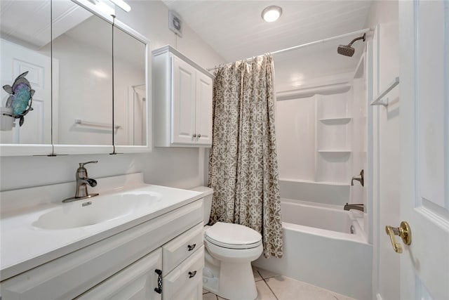 full bathroom with tile patterned flooring, vanity, shower / tub combo, and toilet