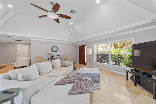 tiled living room featuring ceiling fan, crown molding, and vaulted ceiling