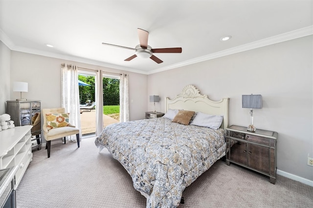 bedroom with access to outside, light carpet, ceiling fan, and crown molding