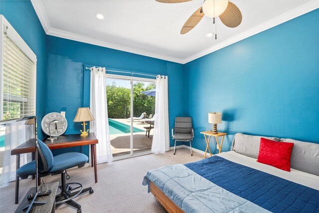 bedroom with access to exterior, carpet, ornamental molding, and ceiling fan