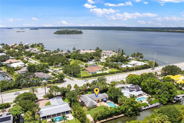 drone / aerial view featuring a water view