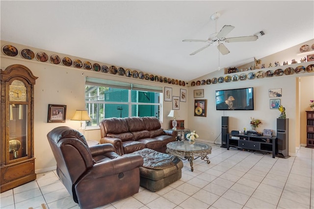 living room featuring visible vents, light tile patterned floors, ceiling fan, and vaulted ceiling