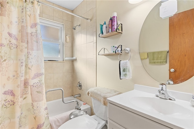 full bathroom featuring vanity, toilet, and shower / tub combo with curtain