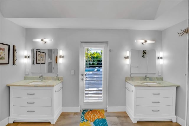 bathroom with wood-type flooring and vanity