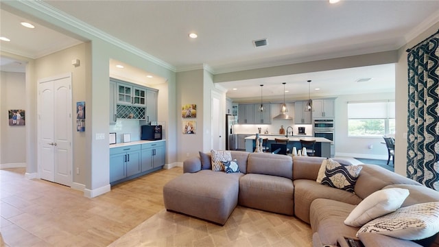 living room with crown molding