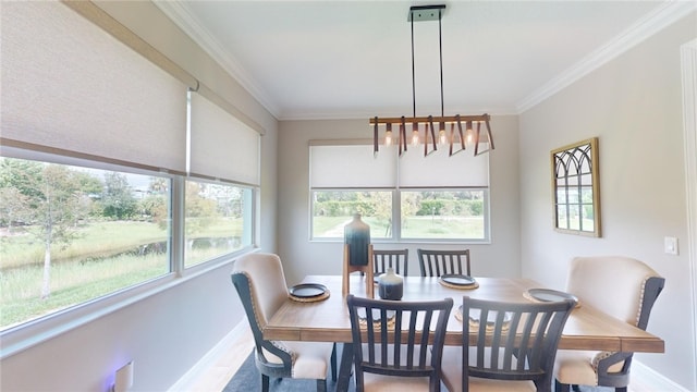 dining room with a notable chandelier and ornamental molding