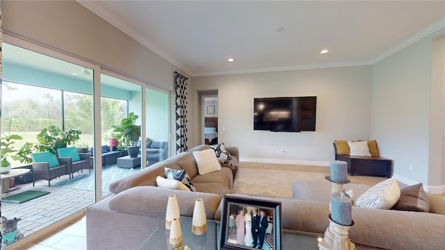 living room with ornamental molding