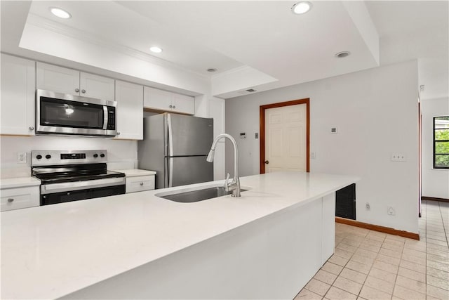 1626 4th Ct, Vero Beach, FL 32960 - kitchen featuring appliances with stainless steel finishes, a sink, light countertops, white cabinetry, and light tile patterned flooring