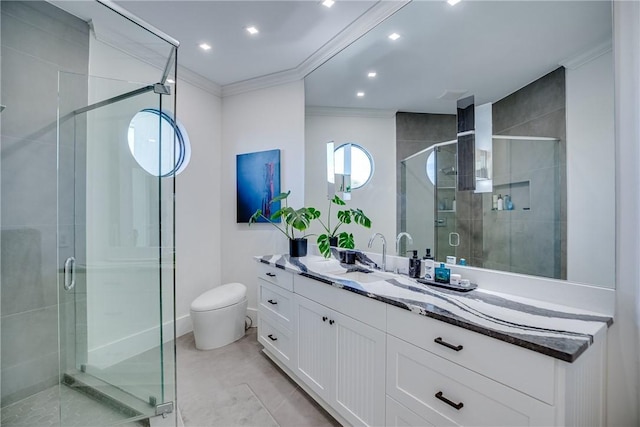 bathroom featuring toilet, crown molding, walk in shower, and vanity