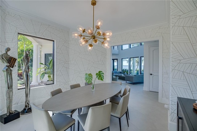 dining room with tile walls, an inviting chandelier, and crown molding