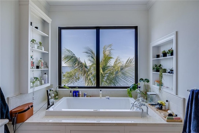 bathroom with a washtub and built in shelves