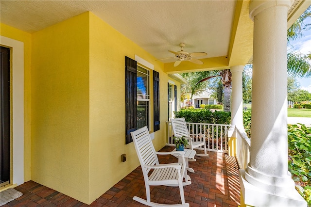 view of patio featuring a porch and ceiling fan