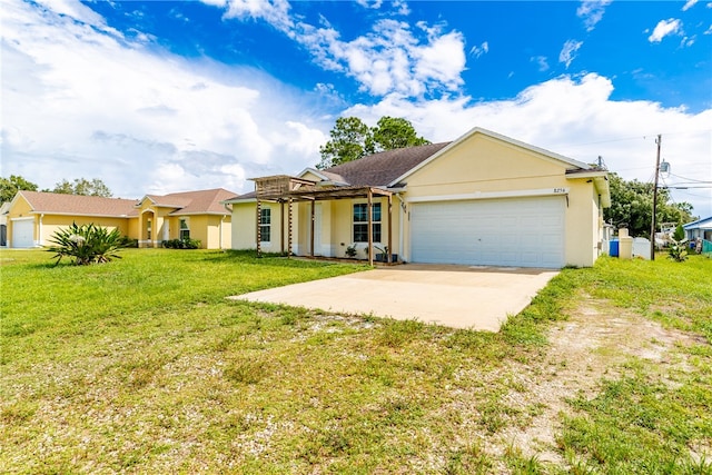 single story home featuring a garage and a front yard