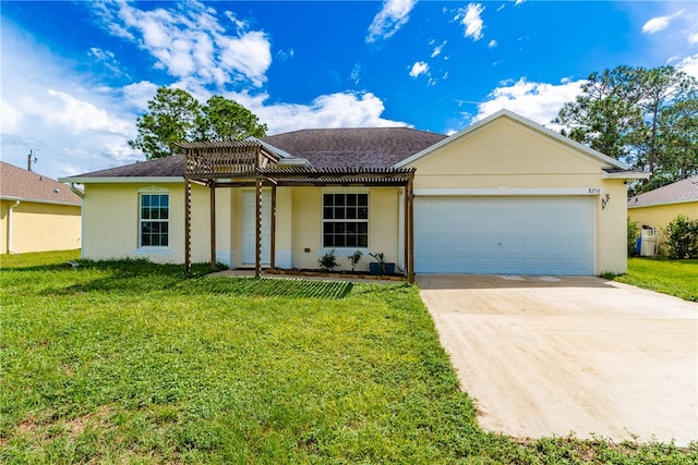 ranch-style house with a garage and a front yard