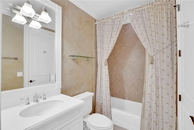 bathroom featuring shower / bath combo with shower curtain, vanity, and toilet