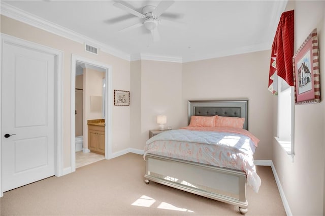 bedroom with light carpet, baseboards, visible vents, and crown molding