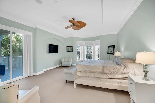 bedroom featuring ornamental molding, access to outside, carpet floors, and baseboards