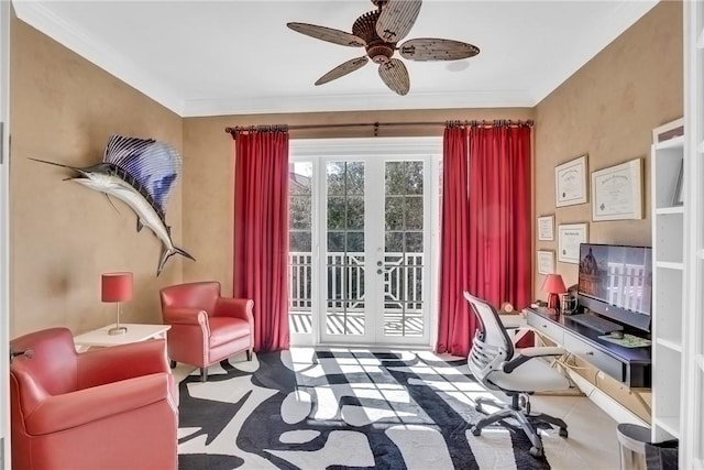 interior space featuring ornamental molding, a ceiling fan, and french doors