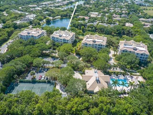 bird's eye view with a water view