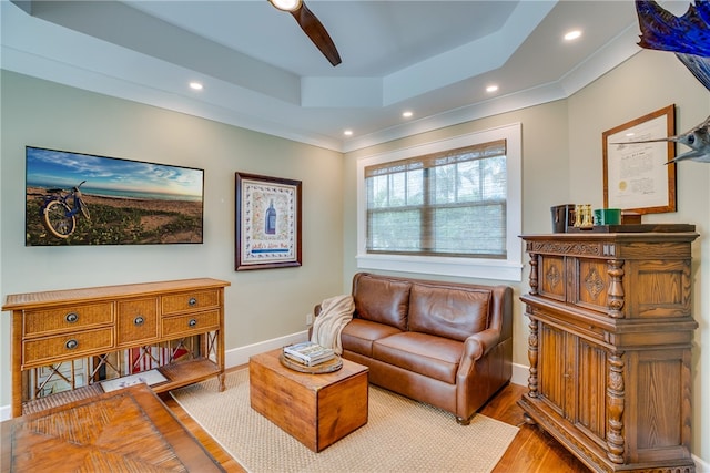 living room with light hardwood / wood-style floors, ceiling fan, and a raised ceiling