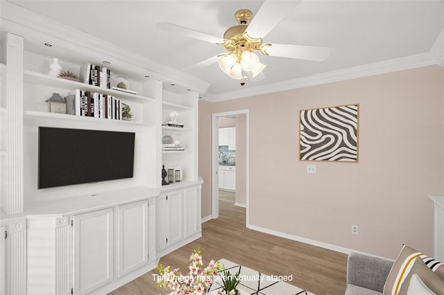 723 Timber Ridge Trl SW Unit B, Vero Beach, FL 32962 - living room with crown molding, light wood-style flooring, and ceiling fan