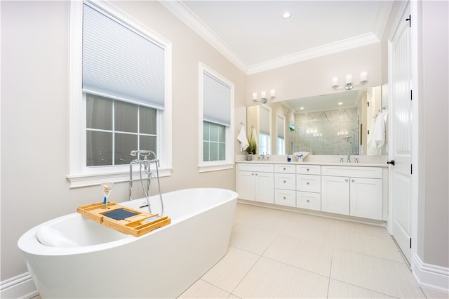 bathroom with plus walk in shower, vanity, tile patterned floors, and crown molding