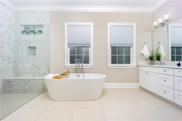 bathroom featuring plus walk in shower, vanity, tile patterned floors, and ornamental molding