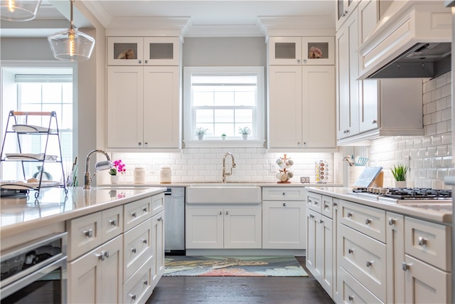 kitchen with premium range hood, tasteful backsplash, stainless steel oven, dark wood-type flooring, and white cabinets