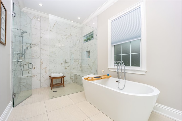 bathroom with tile patterned floors, ornamental molding, and plus walk in shower