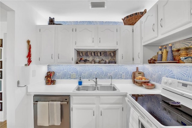 kitchen featuring white electric range oven, visible vents, decorative backsplash, dishwasher, and a sink