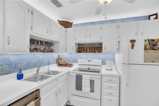 kitchen featuring open shelves, white appliances, visible vents, and white cabinets