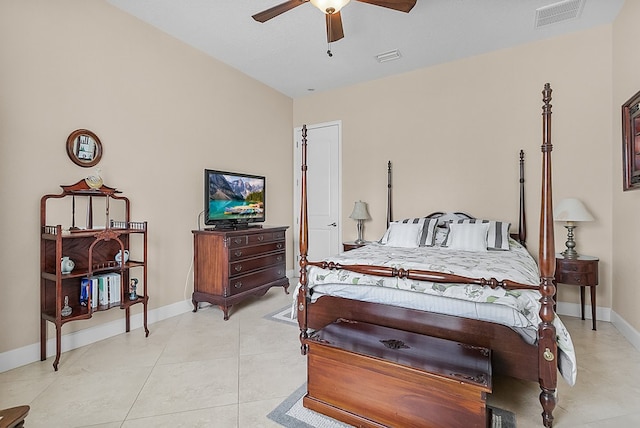 bedroom featuring ceiling fan and light tile patterned flooring