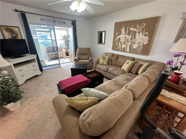 carpeted living room with ceiling fan and a textured ceiling