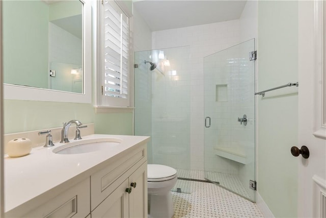 bathroom featuring walk in shower, vanity, toilet, and tile patterned flooring