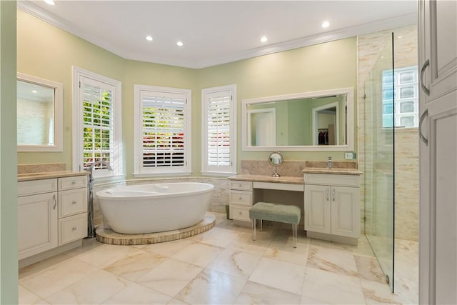 bathroom with vanity, ornamental molding, shower with separate bathtub, and tile walls