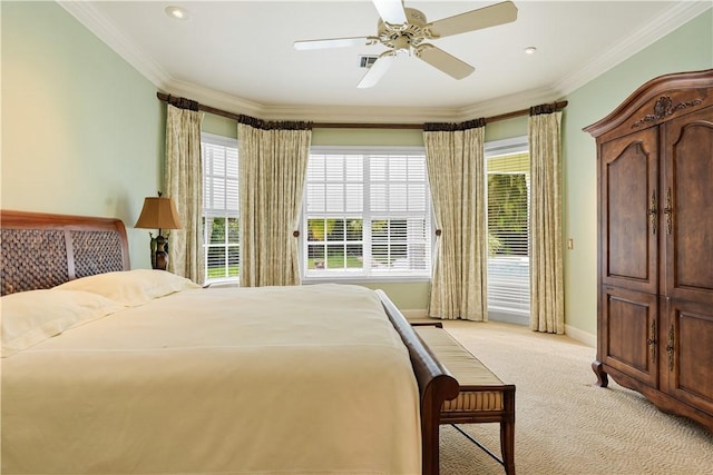 carpeted bedroom with ceiling fan, ornamental molding, and access to outside