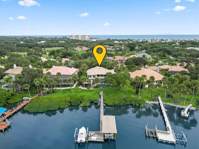 drone / aerial view featuring a water view