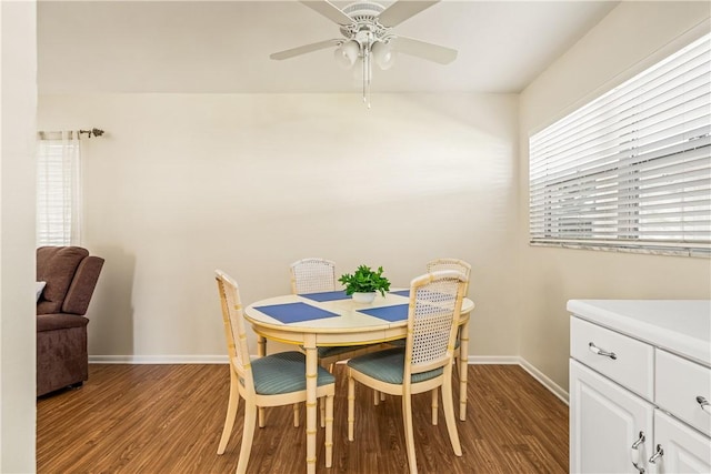 dining space featuring hardwood / wood-style flooring and ceiling fan