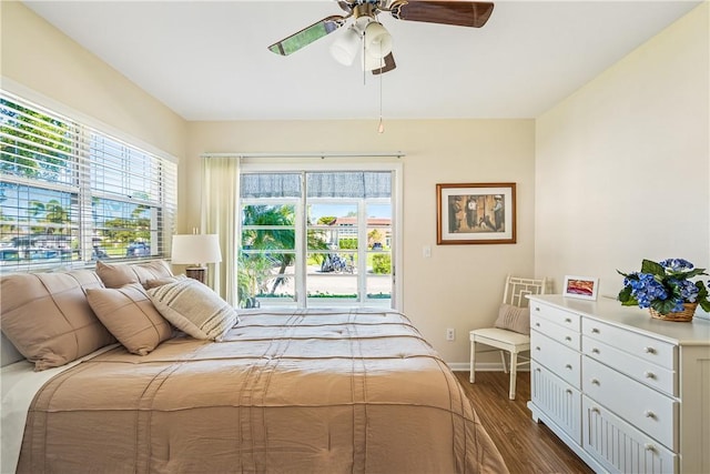 bedroom featuring ceiling fan, access to outside, and hardwood / wood-style floors