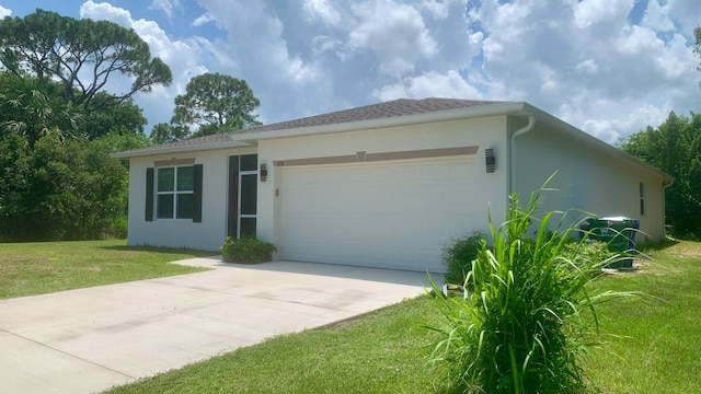 450 Hazel St, Sebastian, FL 32958 - ranch-style home with stucco siding, a garage, concrete driveway, and a front lawn