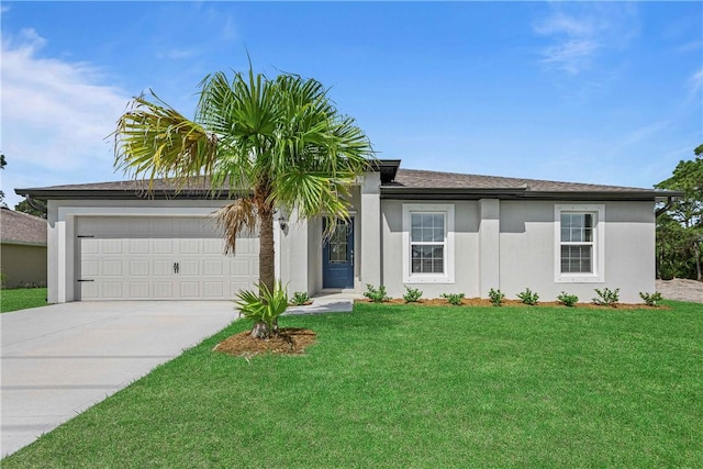 8175 104th Ave, Vero Beach, FL 32967 - ranch-style home with an attached garage, driveway, a front lawn, and stucco siding