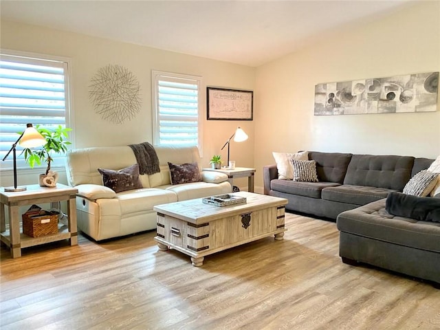 living room with vaulted ceiling, a healthy amount of sunlight, and light hardwood / wood-style floors