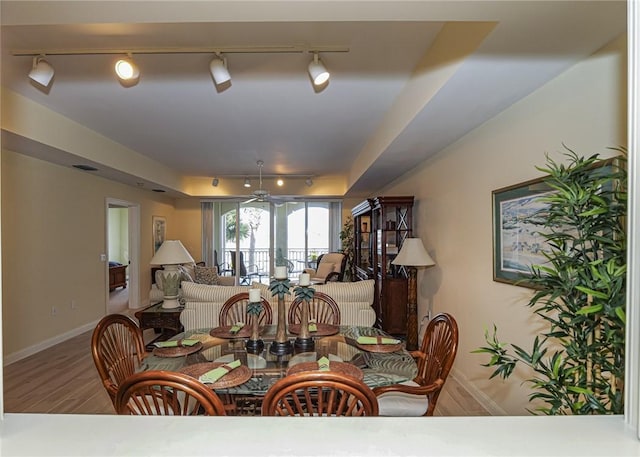 dining space featuring ceiling fan, track lighting, a raised ceiling, and hardwood / wood-style floors